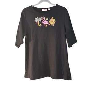 Quacker Factory Beachy T-Shirt Black L Cotton Blend Palm Tree Flamingo Sequins